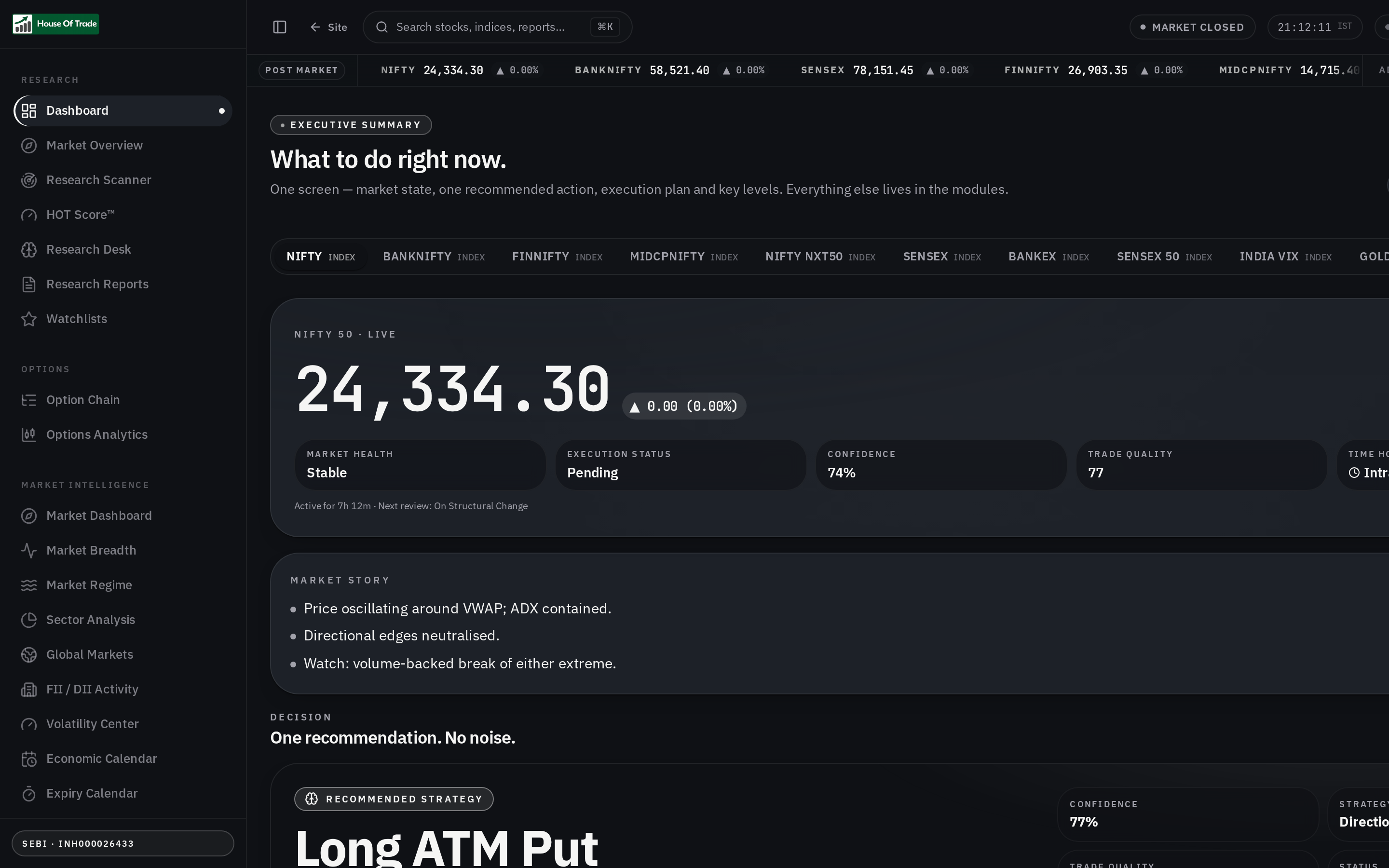 Screenshot of the House Of Trade Research Terminal dashboard showing NIFTY 50 live, market health, execution status, and the recommended strategy.
