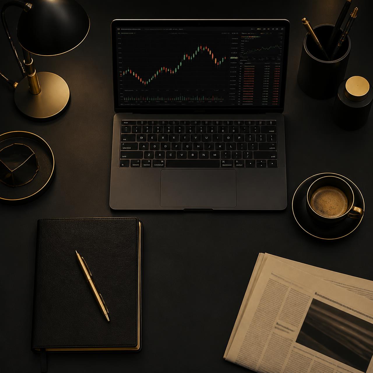 Premium trading desk with laptop, market charts, notebook and coffee